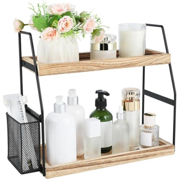 Bathroom Counter Organizer, 2-Tier Standing Storage Shelf with Basket, Wood - Picture 1 of 8